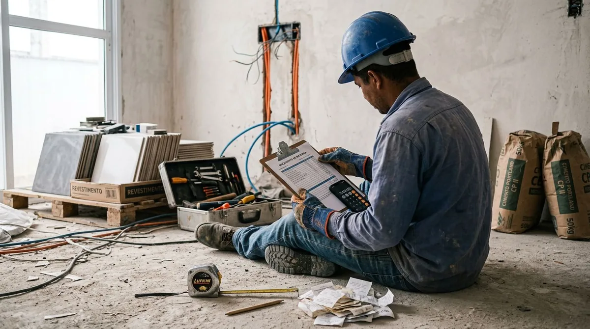 Trabalhador sentado no canteiro de obras com prancheta e calculadora, organizando o orçamento da reforma